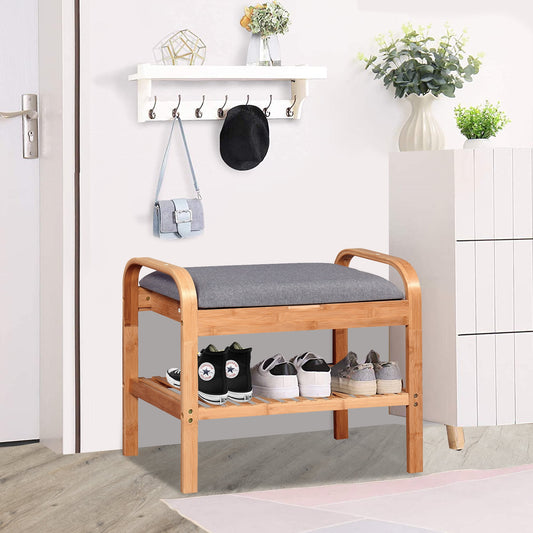 2-Tier Shoe Bench for Entryway, SESSLIFE Bamboo Shoe Rack Bench with Cushion and Storage, Natural, X51