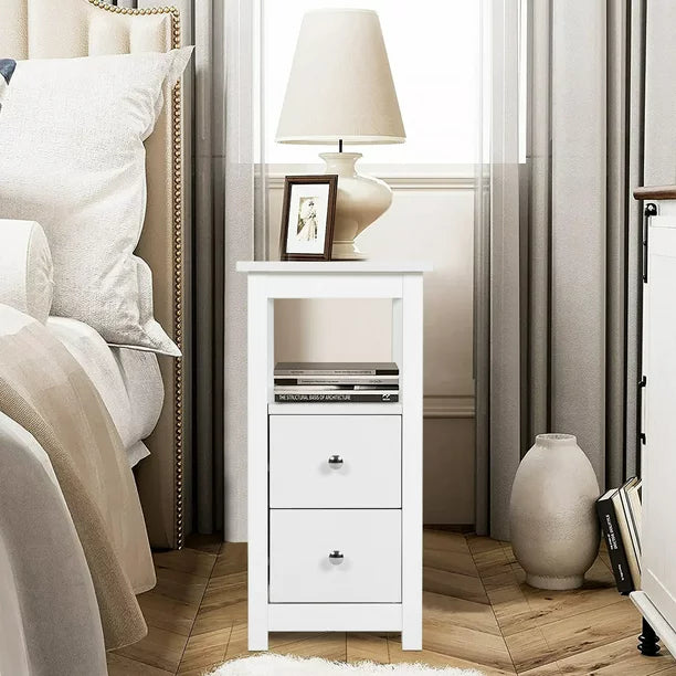 Narrow End Tables for Living Room, Sesslife Wood Storage Side Table with Two Drawers, Open Shelf, USB Ports and Power Outlets, White Sofa Table Nightstand for Bedroom, Modern Furniture