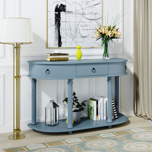 Navy Console Table, SESSLIFE Wood Curved Console Table with Drawers and Shelves for Entryway Living Room, Black, X105