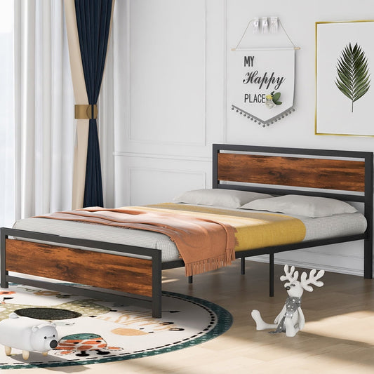 Sesslife Metal Queen Size Bed Frame, Industrial Style Platform Bed with Headboard & Footboard, No Box Spring Needed, Queen Bed Frame with Steel Slats System for Kid Adult, 420 Lbs, Black, X3195