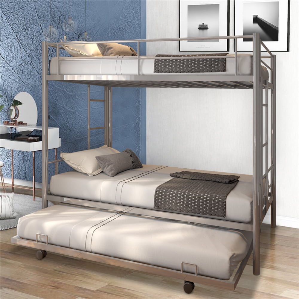 Bunk Bed Twin over Twin, Metal Bunk Beds with Trundle, SESSLIFE Boys Girls Bunk Bed with Ladders & Safe Guardrail, Twin Bed Frame No Box Spring Needed, Bedroom Furniture for Kids Teens, Silver, X2200