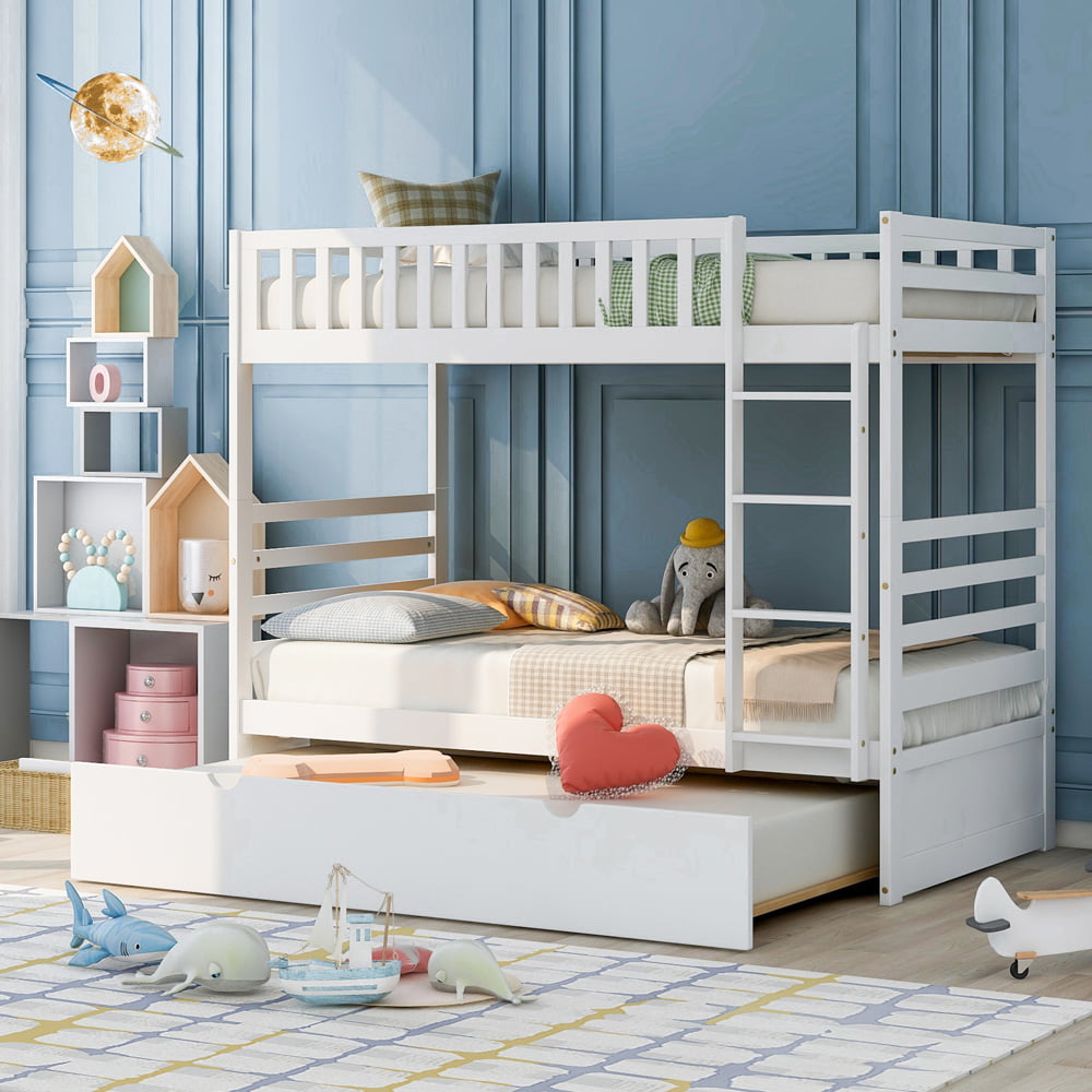 Twin Over Twin Bunk Bed with Trundle, SESSLIFE Wood Bunk Bed with Ladder & Safety Guardrails, Convertible 2 Twin Size Bed No Box Spring Needed for Boys Girls, Kids Bedroom Furniture, White, X2096