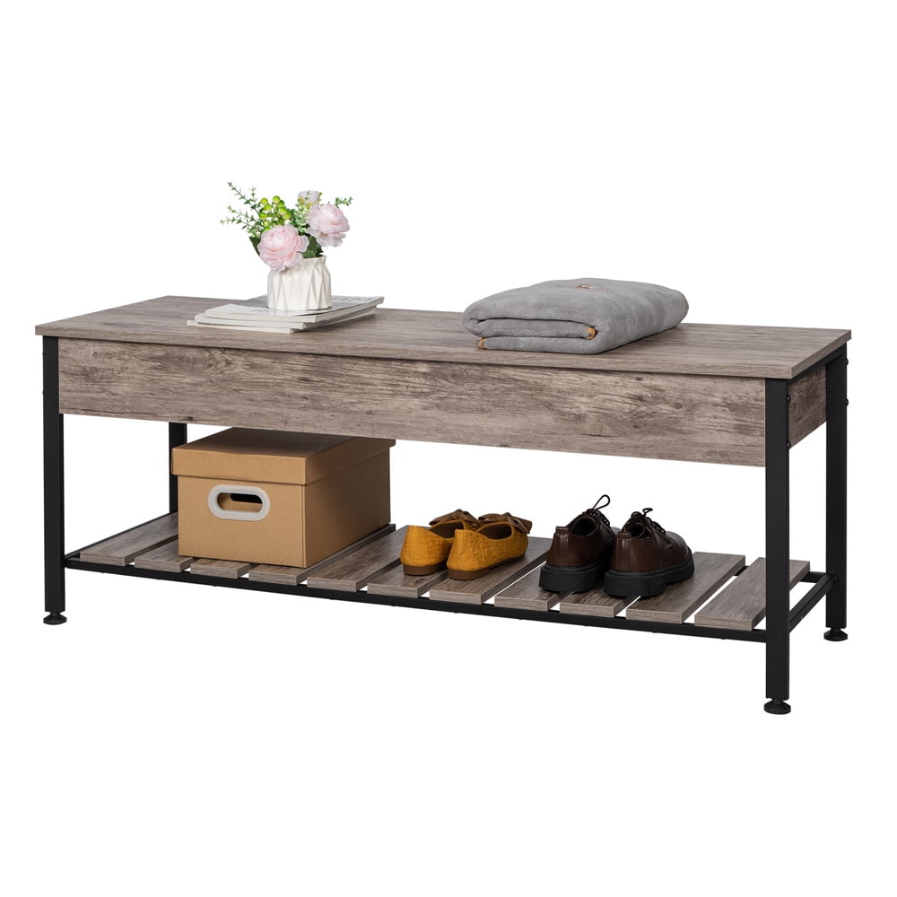 Industrial Storage Bench, SESSLIFE Entryway Lift Top Shoe Bench for Hallway Bedroom Living Room, Wood Shoe Rack with Steel Frame, Gray, X788