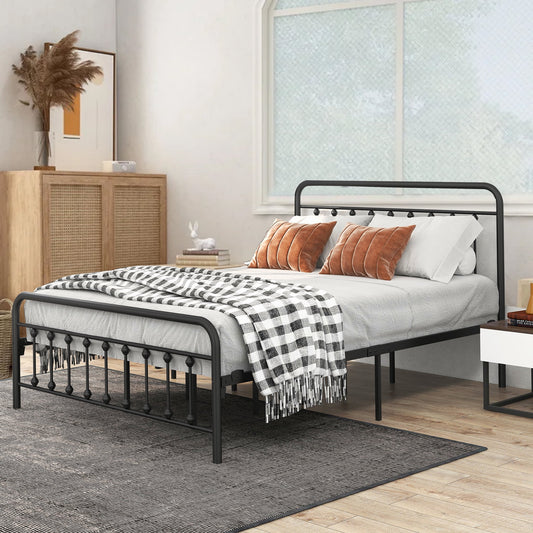 Queen Size Platform Bed Frame, SESSLIFE Metal Platform Bed with Slats Support & Center Support Legs, Platform Bed with Victorian Headboard and Footboard, Simplistic Industrial Style, Black, X659