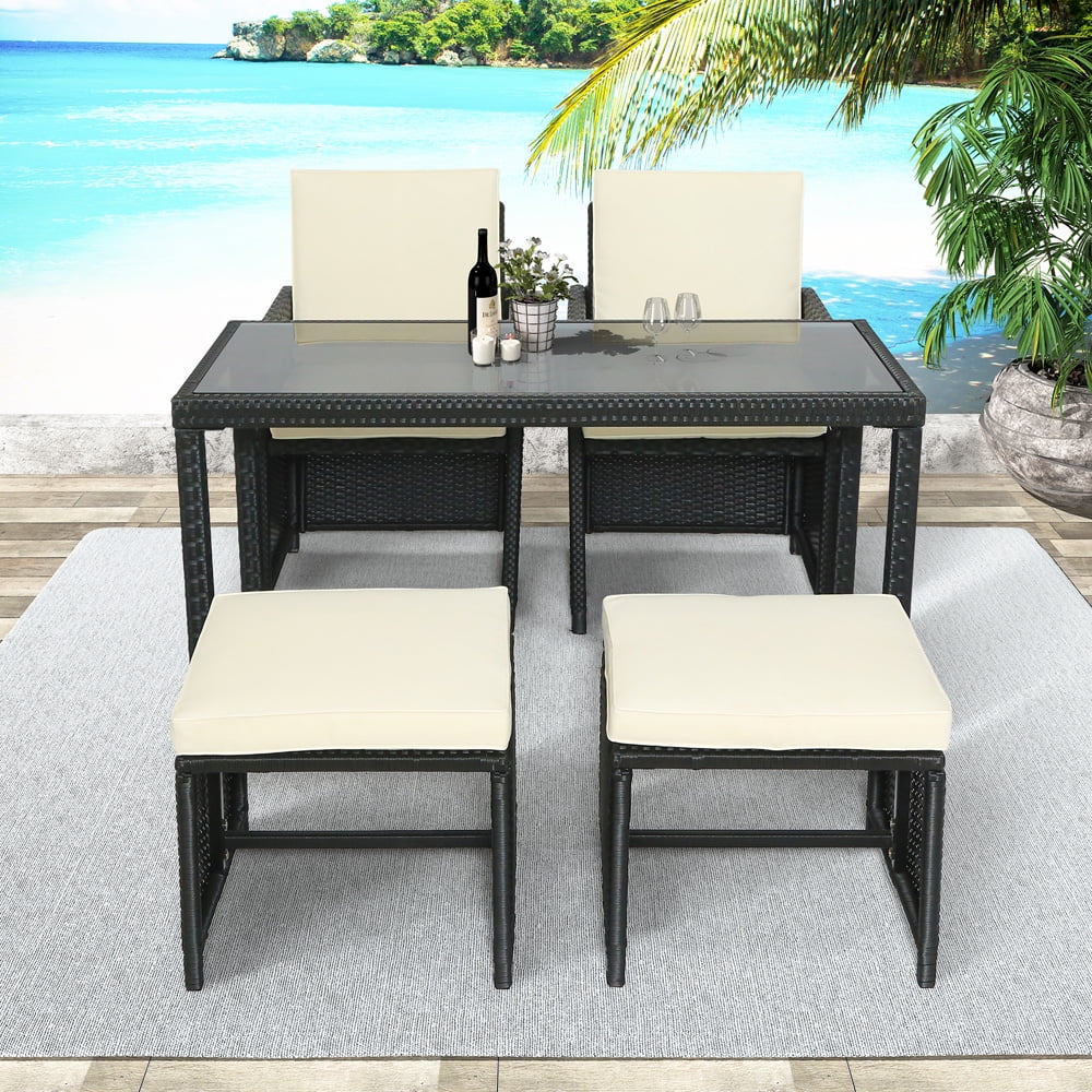 5 Piece Patio Furniture Set, Sesslife Outdoor Conversation Dining Set with Cushioned Seat for Backyard Garden, Black Wicker Patio Set w / Glass Table, Ottomans, Chairs, Outside Rattan Furniture, X3165