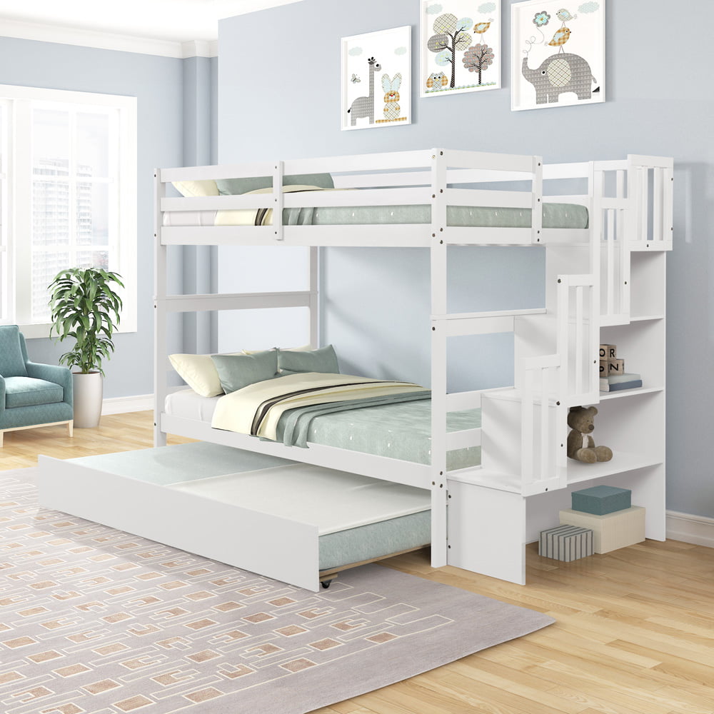 Sesslife Twin Over Twin Bunk Bed with Trundle and Storage, Kids Bunk Bed with Full-Length Guardrail, Convertible Wood Twin Bunk Bed Frame No Box Spring Needed, Triple Bunk Bed for Kids Teens, White