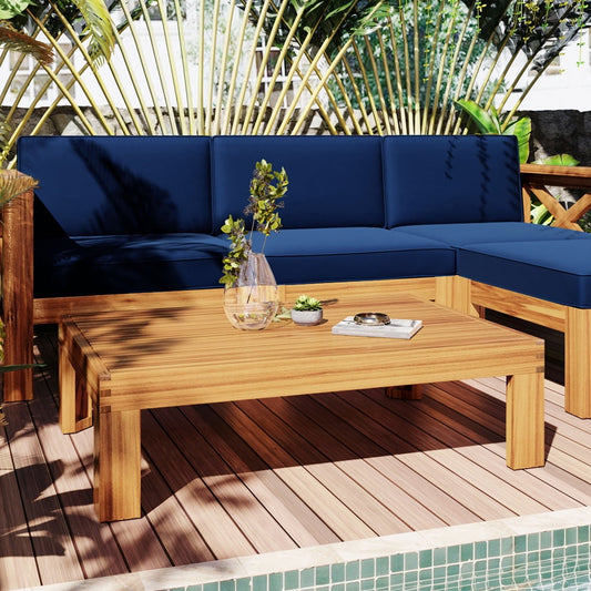 Acacia Wood Outdoor Furniture Set, Sesslife 5-Piece Sectional Sofa for Patio Backyard, Patio Seating Group with 2 Corner Sofas, Armless Sofa, Ottoman, Tea Table, Blue Cushions and Back Pillows