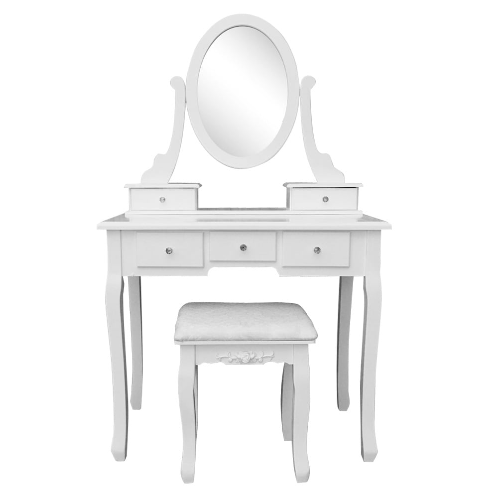 Bedroom Vanity Table Set, SESSLIFE Home Makeup Desk with Stool and 5 Drawers and 360¡ã Rotation Mirror, Wood Dressing Table Set with Detachable Tabletop Design for Adults Teens, White