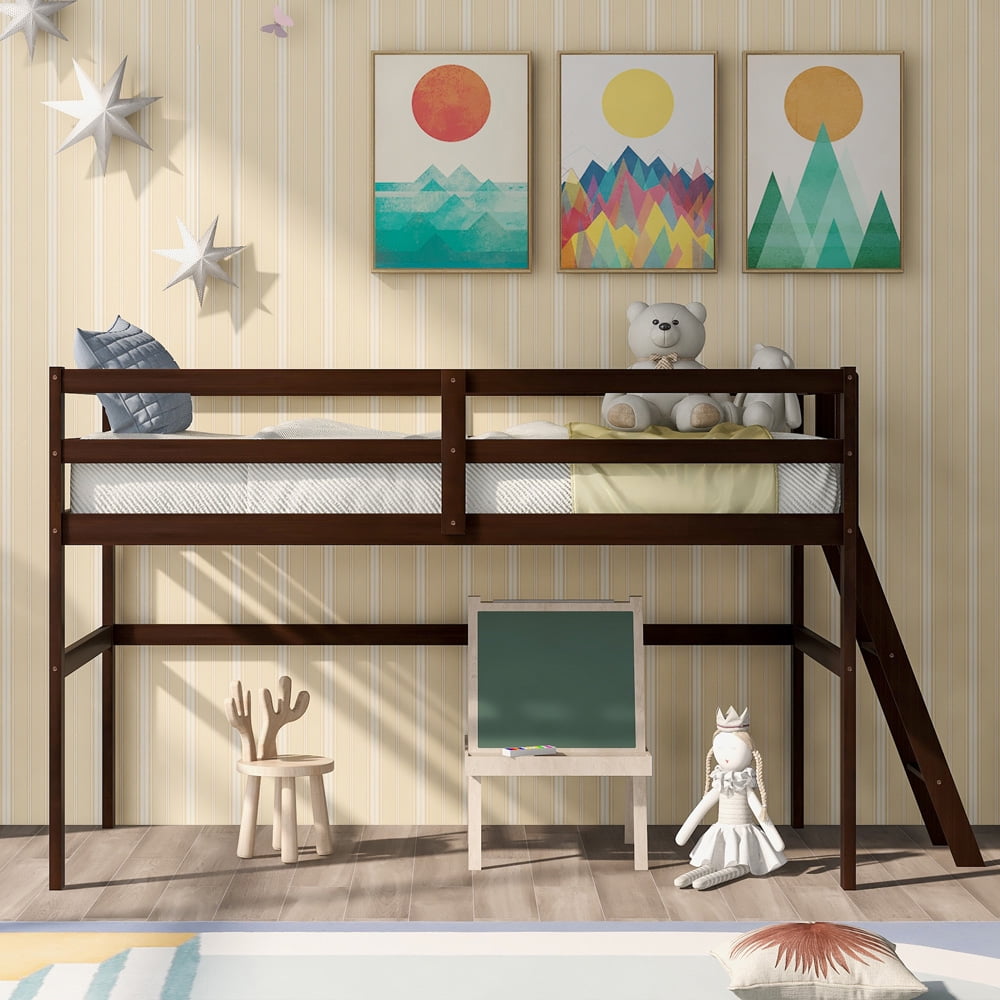 SESSLIFE Wood Loft Bed for Boys Girls, Twin Low Loft Bed with Ladder and Full-length Guard Rails, Twin Size Bed Frame with Wood Slats, No Box Spring Needed, Espresso Kids Bedroom Furniture