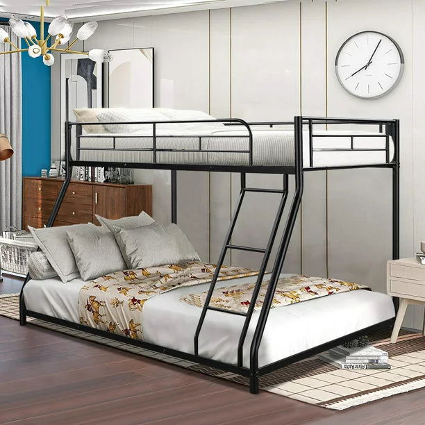 SESSLIFE Bunk Bed Twin Over Full, Sturdy Metal Bed Frame with Flat Ladder and Guardrail for Adults/Children/Teens, Black