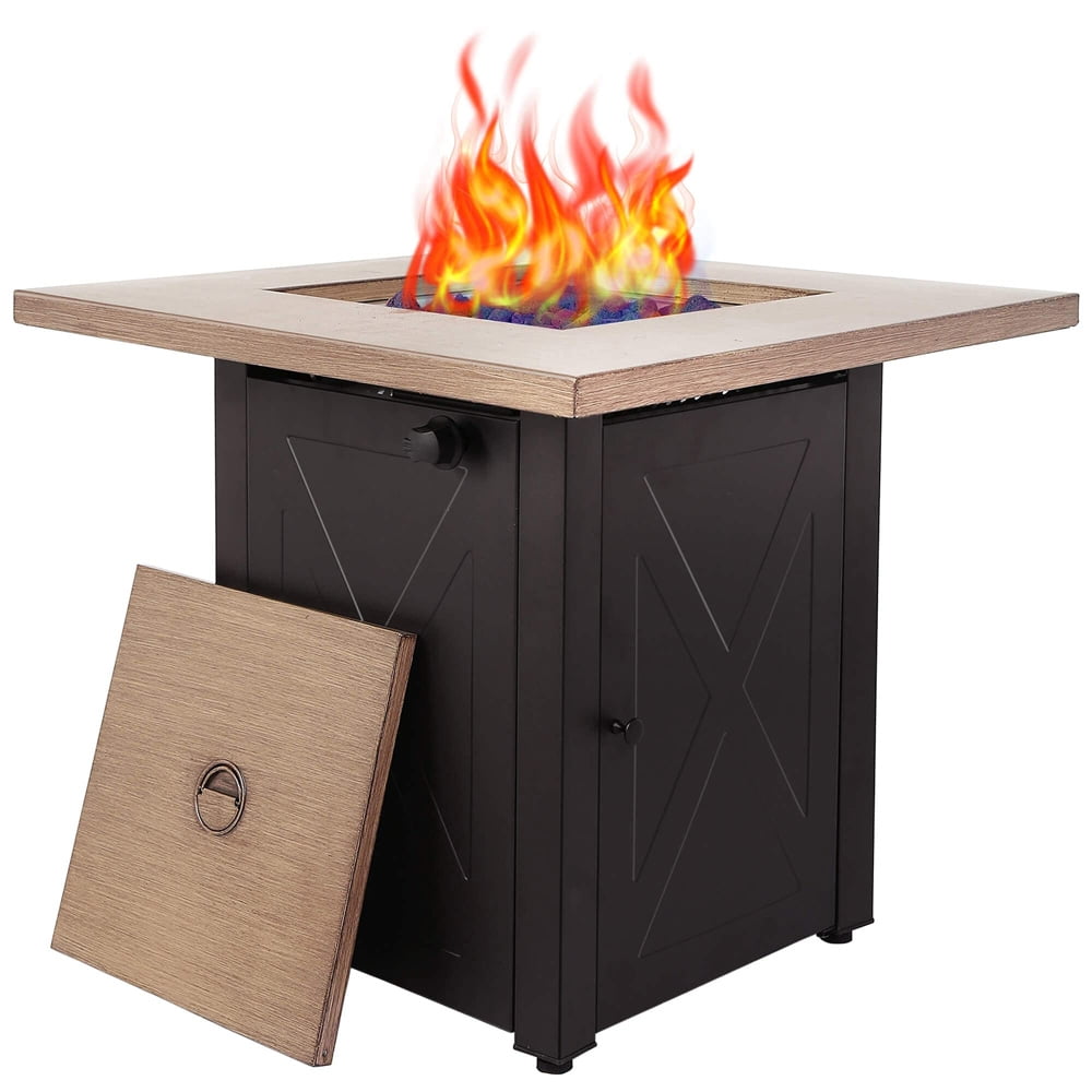SESSLIFE Propane Fire Pits for Outside, 50,000 BTU Gas Fire Pit with Bionic Wood Grain Lid, Poker, Lava Rocks, 28" Square Fire Pit Table for Backyard Patio Garden, Brown, X771