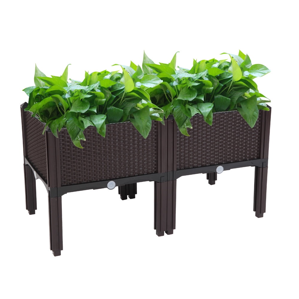 Sesslife Plastic Raised Garden Bed Set of 2, Elevated Planter Box with Drainage Holes, Self-Watering, Elevated Garden Bed for Indoor Outdoor Planting, Brown