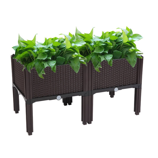Sesslife Plastic Raised Garden Bed Set of 2, Elevated Planter Box with Drainage Holes, Self-Watering, Elevated Garden Bed for Indoor Outdoor Planting, Brown