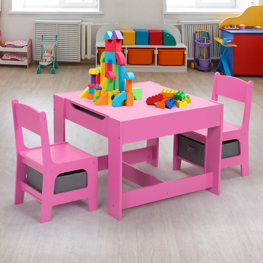 SESSLIFE Pink Kids Table and Chairs Set, Double-Sided Table and Chair Set with Storage Boxes, 3 in 1 Wood Child Activity Table Set, Pink, X674