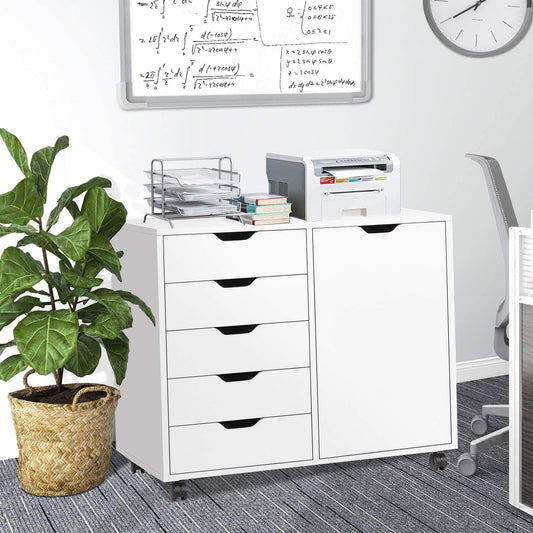 Sesslife Storage Cabinet, Wood Dresser with Doors and 5 Drawers, Adjustable Shelves, 360¡ã Swivel Casters, Modern Free Standing Organizer Chest of Drawer for Home Office, White