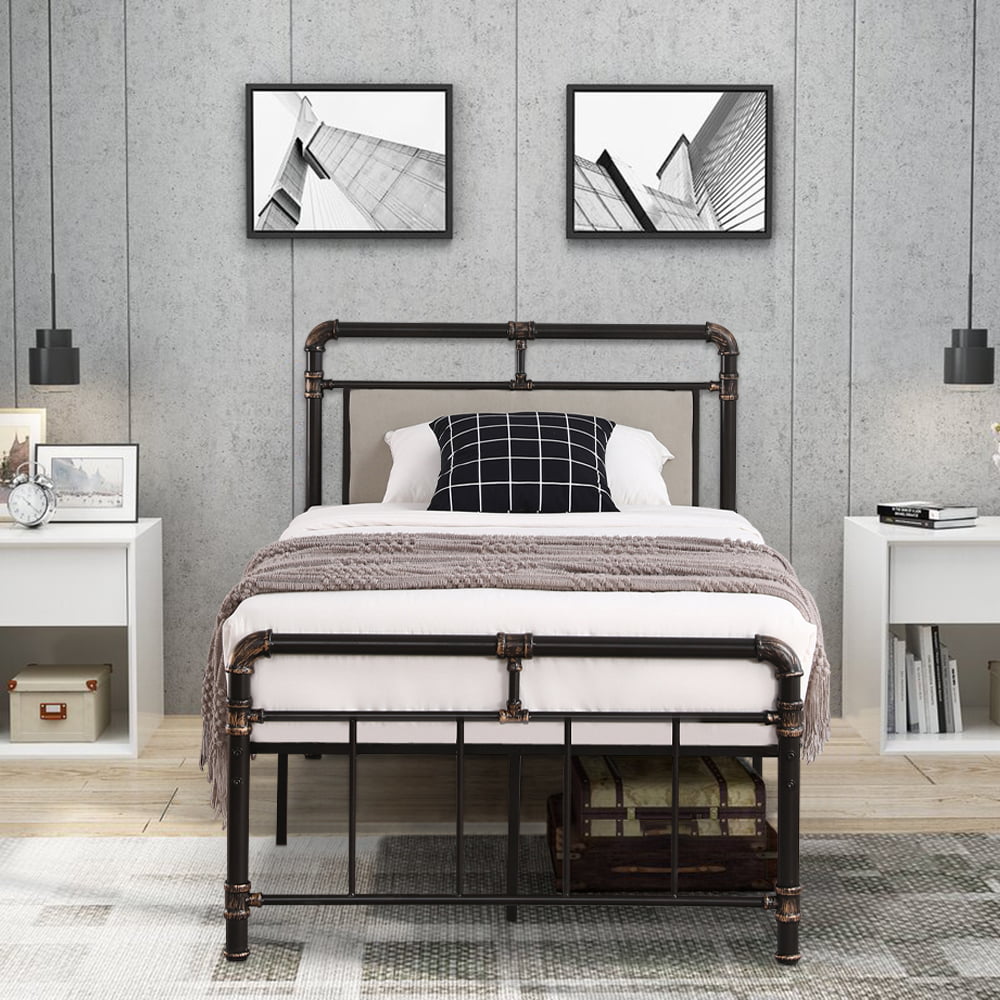 SESSLIFE Platform Bed Frame, Iron Twin Beds with Upholstered Headboard, Industrial Bed Frame with Slats Support and 330 Weight Capacity for Kids Adults Bedroom, No Box Spring Needed, Black, X2727