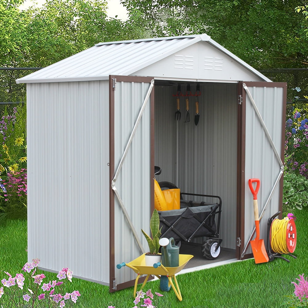 Outdoor Storage Shed, Sesslife 6 x 4 Ft Galvanized Steel Tool Storage House with Lockable Door, Vents, Wall Hooks, Outside Garden Storage Room with Sloping Roof for Backyard Lawn, White