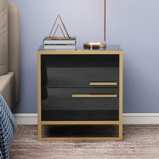 Sesslife Nightstand with 2 Drawers, Storage Bedside Table with Golden Handle and Metal Frame, Modern and Retro Style Bedroom Furniture, Living Room End Side Table, Black