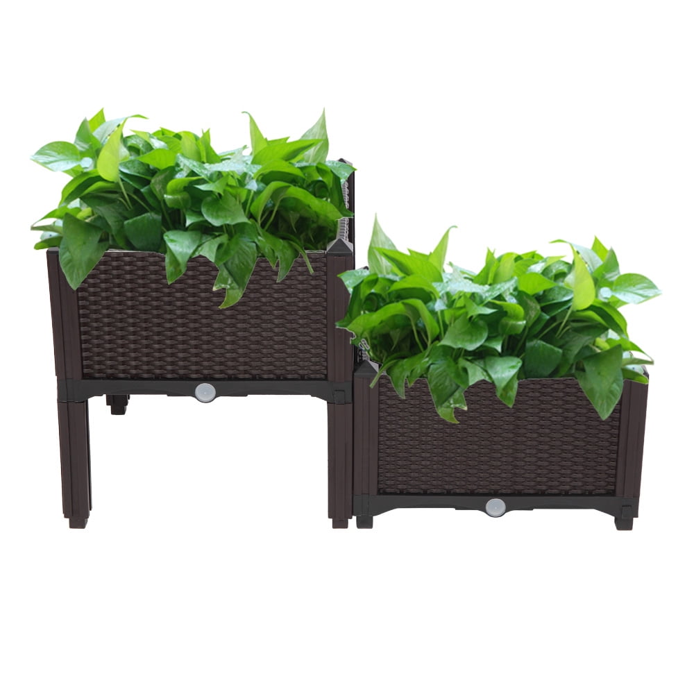 Plastic Raised Garden Bed Set of 2, Sesslife Elevated Planter Box with Drainage Holes, Self-Watering, Elevated Garden Bed for Indoor Outdoor Planting, Brown