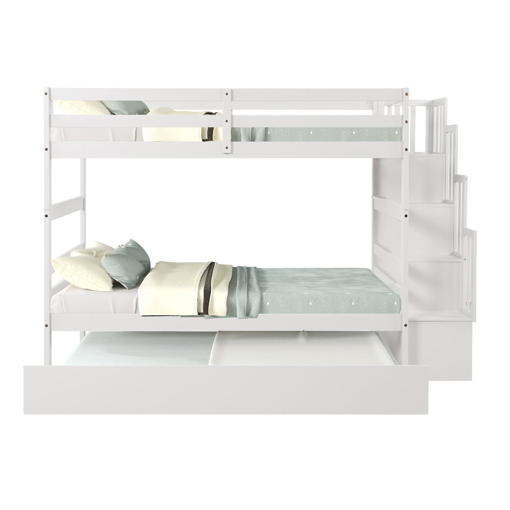 Twin Over Twin Bunk Bed with Trundle, Sesslife Wood Bunk Beds with Storage Stairs, Convertible Twin Bunk Bed Frame with Safety Guardrail for Kids/Teens Bedroom, White