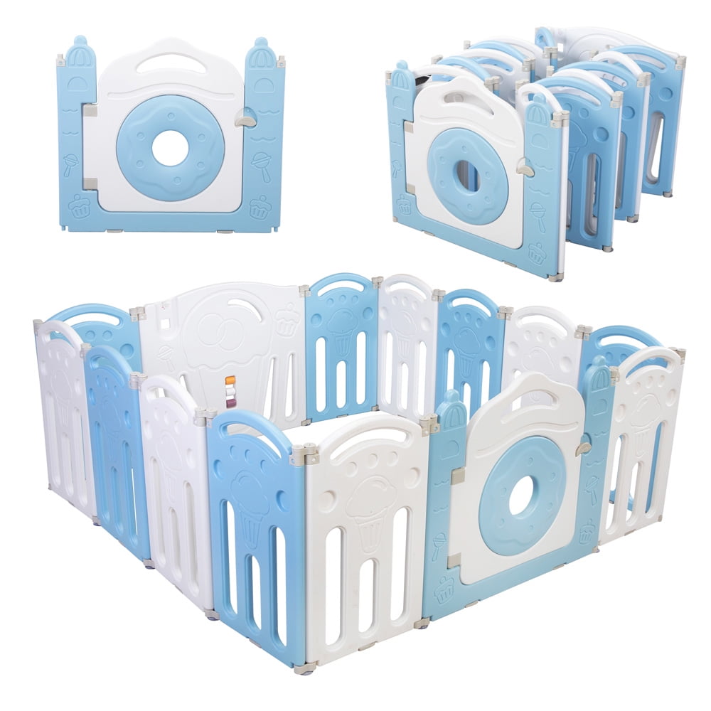 Foldable Baby Playpen, SESSLIFE Play Yard with Safety Lock Door, 14 Panel Playpen Activity Center 58.84"L x 58.67"W x 25.79" H, Indoor Playpen for Babies Toddlers, Boys Girls Gift, Blue & White, X2863