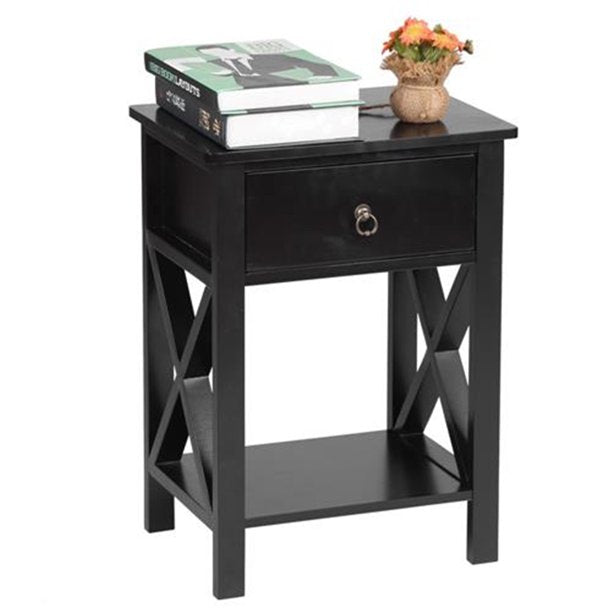 Wood Nightstand, Sesslife Modern Bedside Table with Drawer and Shelf, Black Night Stands for Bedroom, End Tables for Living Room, 2 Tiers Sofa Tables for Home