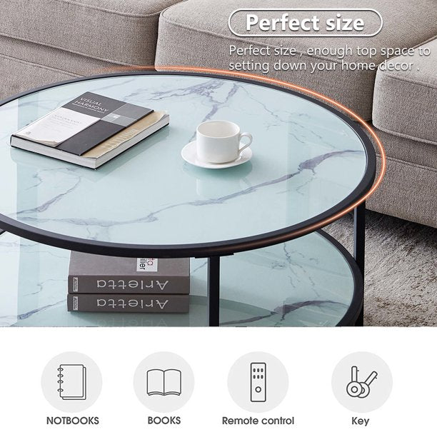 Sesslife 35 inches Round Coffee Table, 2-Tier Glass Round Coffee Table with Surface Top & Sturdy Metal Legs, Faux Marble Round Accent Side Coffee Table with Storage Open Shelf