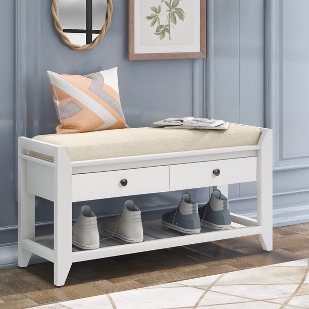 Entryway Bench with Storage Drawers, SESSLIFE Wooden Shoe Bench, Modern Storage Bench with Cushion, White, X296