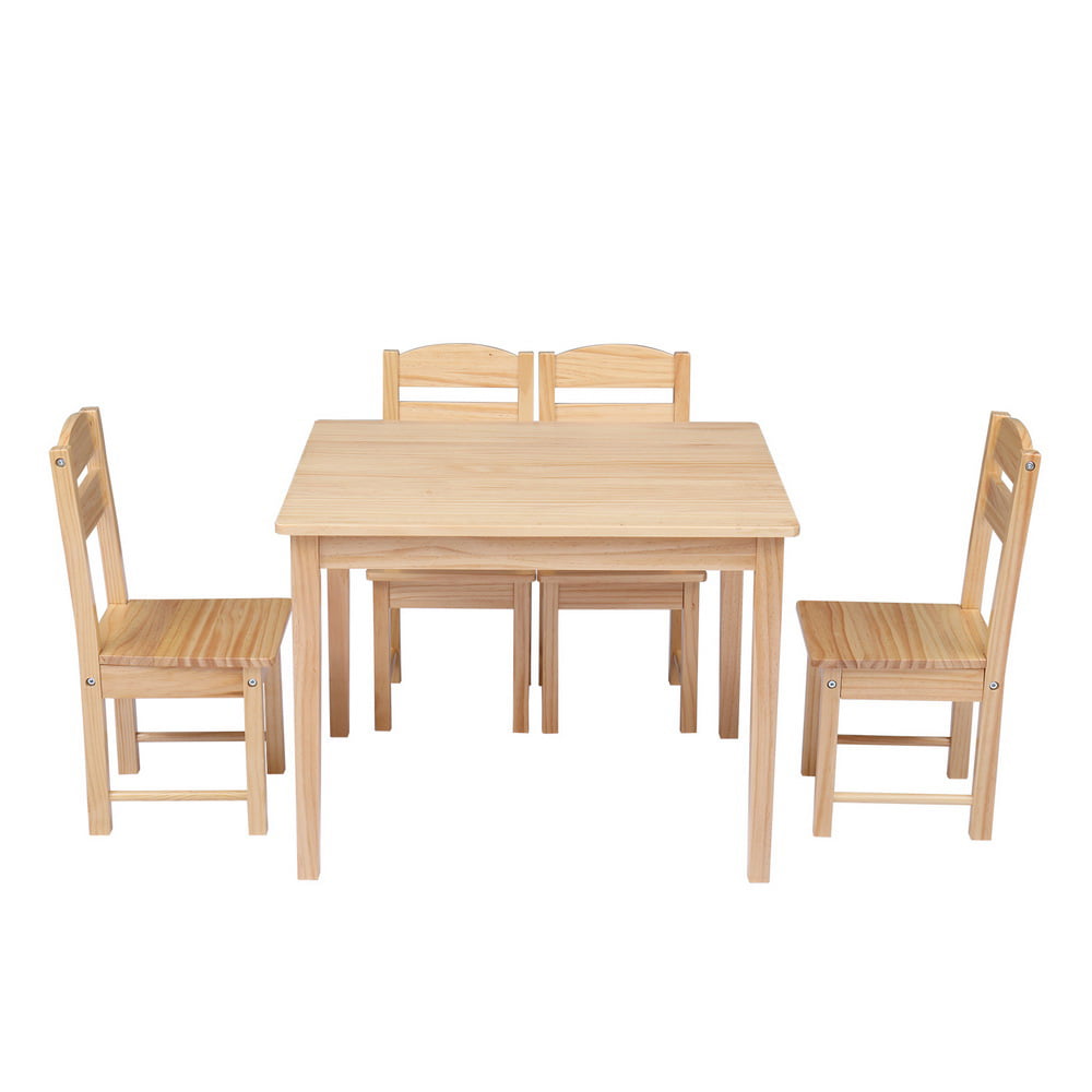 Kids Wood Table and 4 Chairs Set, Sesslife Boys Girls Activity Table and Chair Set for Childs Bedroom Living Room Playroom, Study Table Set for Childs 3-8 Years Old Gift, Wood Color