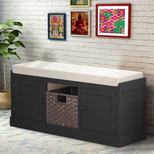 Wood Entryway Storage Bench with 2 Cabinets and 1 Rattan Baskets, Entry Bench with Removable Cushioned Seat, Shoe Bench for Entryway Hallway Living Room Bedroom, Espresso, X2664