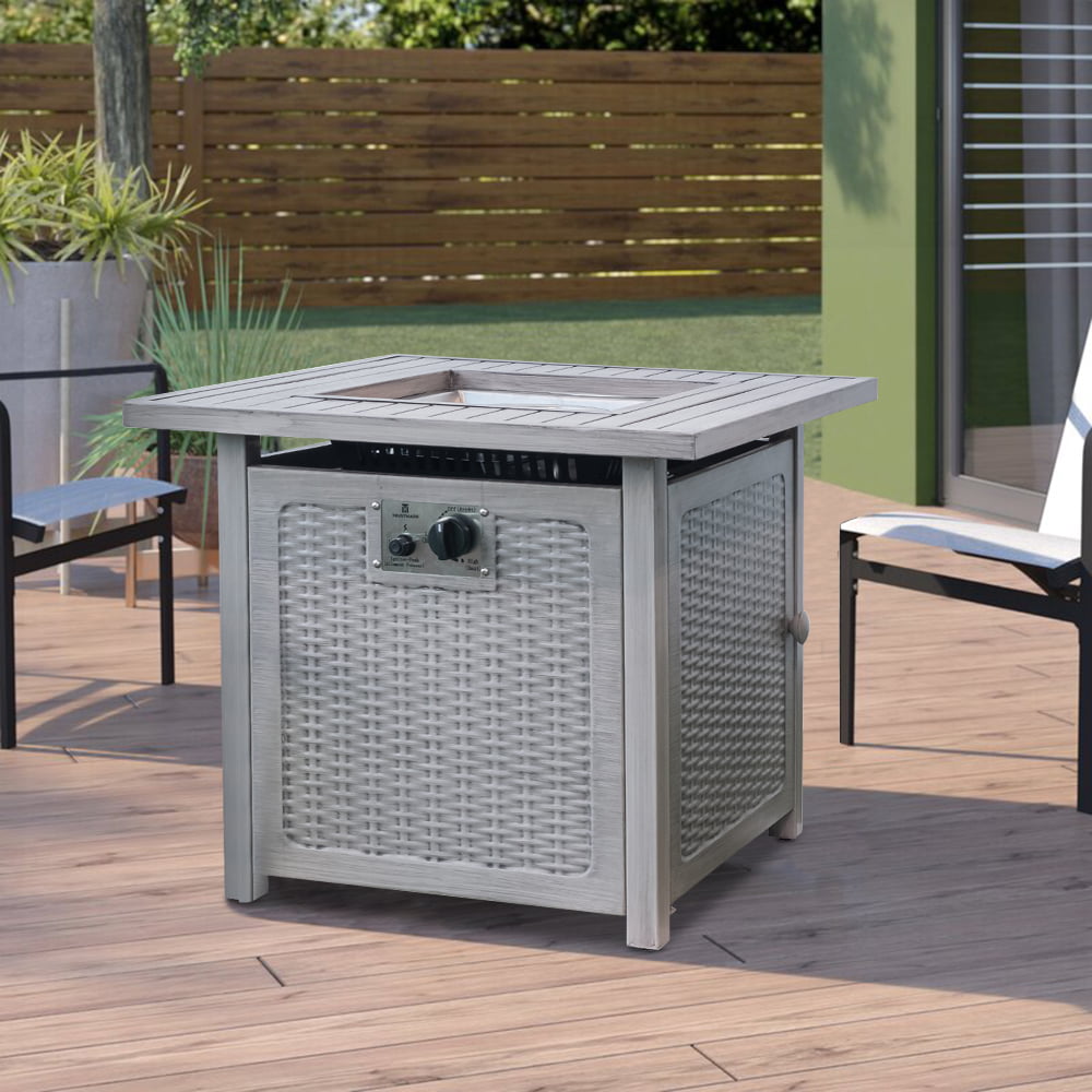 SESSLIFE Propane Fire Pit Table, 28 inch 50,000 BTU Square Outdoor Propane Fire Pit with Lid, Waterproof Cover, Lava Rack, Slat Table Top, Gas Fire Pit for Backyard Patio Garden, Light Gray, X882