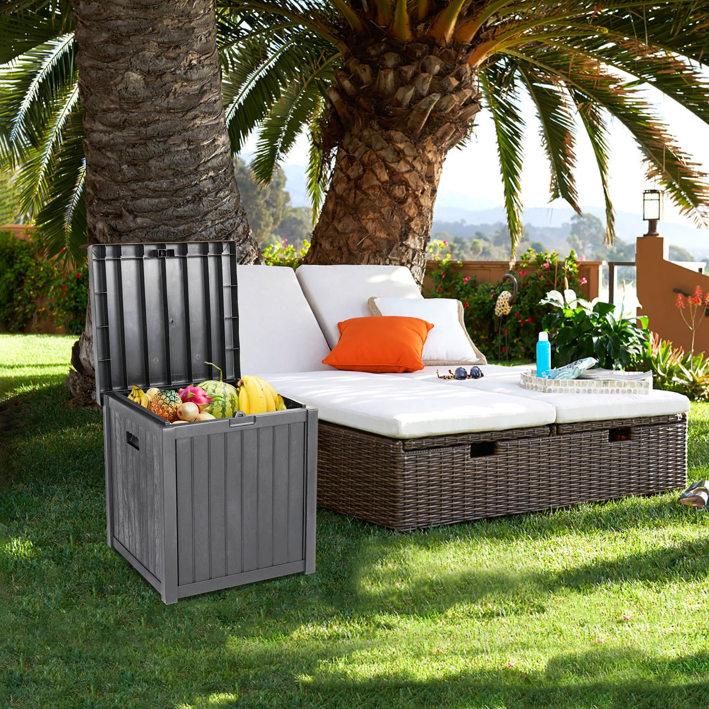 Sesslife Outdoor Storage Box, 51 Gallon Gray PP Plastic Waterproof Deck Storage Box Bench, Indoor/Outdoor Storage Bin Container for Patio Cushions, Garden Tools and Pool Toys