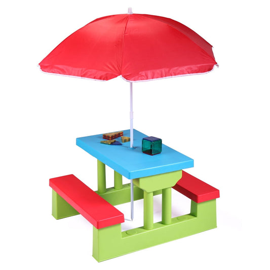 Picnic Table and Chair Set for Kids 2-4 Years Olds, SESSLIFE Kids Picnic Table with Umbrella, Outdoor Indoor Play Table Bench with 4 Seats for Garden Patio Yard, Multiple Color, X3000