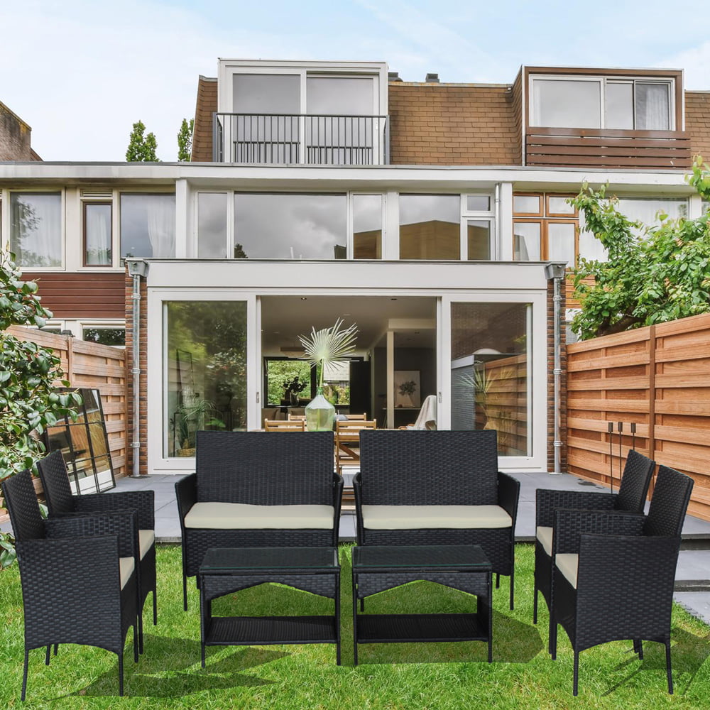 Sesslife Outdoor Furniture Set with Cushions, Patio Set Black PE Rattan Wicker Furniture Set, 8-People Patio Conversation Set with Glass Table for Porch Deck, 8 Pieces Sectional Dining Set