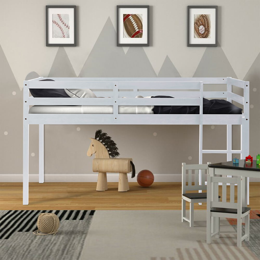 SESSLIFE Wood Loft Bed for Boys Girls, Twin Low Loft Bed with Ladder and Full-length Guard Rails, Twin Size Bed Frame with Wood Slats Support, No Box Spring Needed, White Kids Bedroom Furniture, X2033