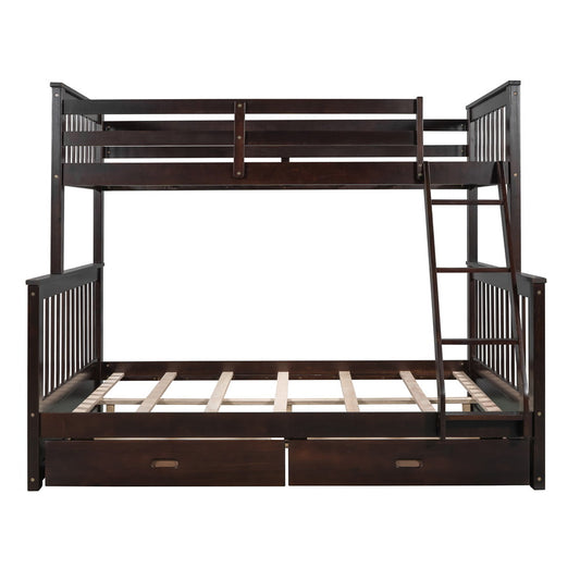 Twin over Full Bunk Bed with Drawers, SESSLIFE Wood Bunk Bed with Ladder and Guardrails, Kids Bed Frame No Box Spring Required, Platform Bed Frame with Storage for Kids/Teens Bedroom, Espresso, X2454