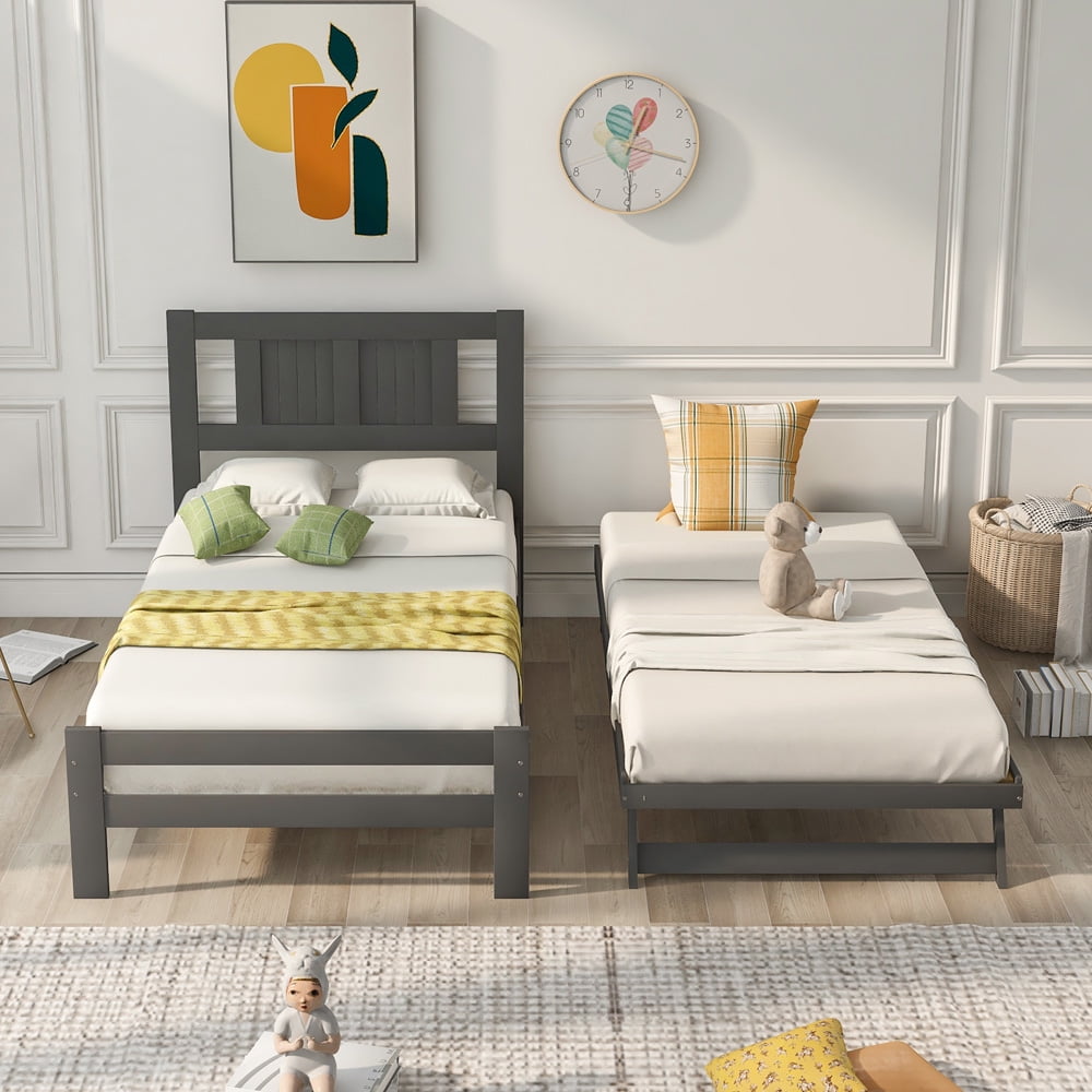 SESSLIFE Platform Bed with Adjustable Trundle, Wood Twin Bed Frame with Headboard for Kids Teens Adult, Convertible 2-in-1Modern Beds for Bedroom Guest Room, No Box Spring Needed, Gray, X2148