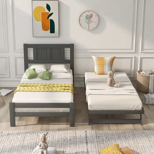 SESSLIFE Platform Bed with Adjustable Trundle, Wood Twin Bed Frame with Headboard for Kids Teens Adult, Convertible 2-in-1Modern Beds for Bedroom Guest Room, No Box Spring Needed, Gray, X2148
