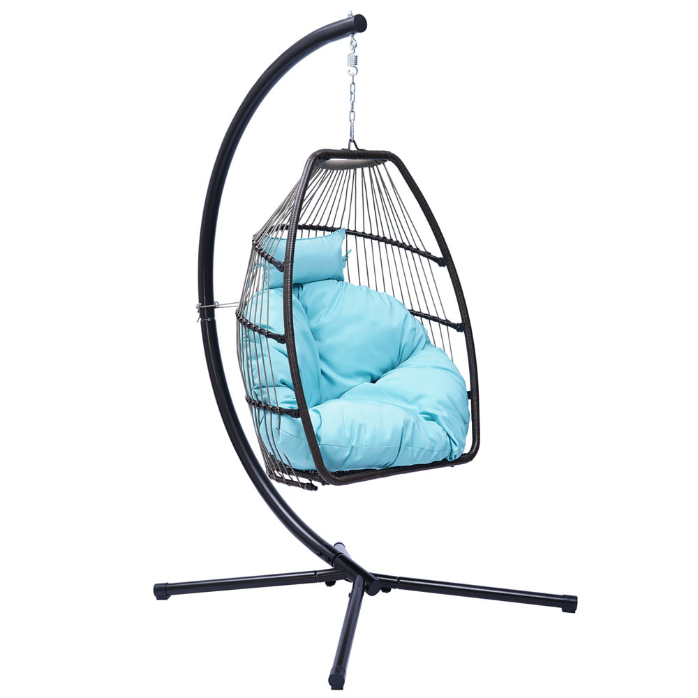 Folding Swing Chair, Sesslife Patio Wicker Furniture Egg Chair with Stand, Cushion and Pillow, Steel Frame Hanging Chair for Bedroom Patio Balcony, 250-pound Weight Capacity, Blue, X3296