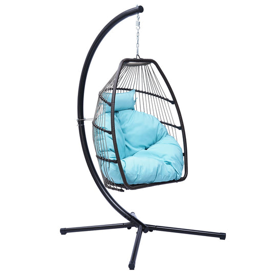Folding Swing Chair, Sesslife Patio Wicker Furniture Egg Chair with Stand, Cushion and Pillow, Steel Frame Hanging Chair for Bedroom Patio Balcony, 250-pound Weight Capacity, Blue, X3296