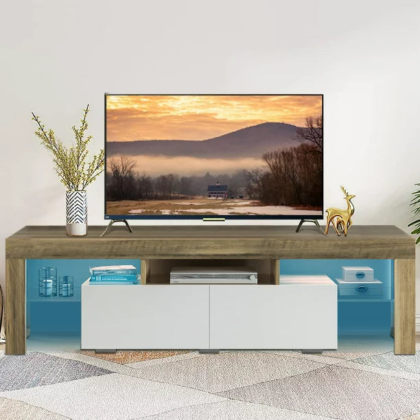 SESSLIFE TV Console Table for 70 Inch TV, Large Television Stand with RGB LED Lights, Farmhouse Wood Entertainment Center， TV Cabinet with 2 Drawers, TV Cabinet for Living Room, Bedroom