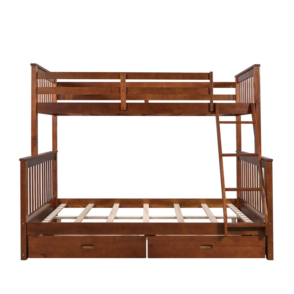 Bunk Bed Twin over Full, SESSLIFE Bunk Bed with 2 Drawers, Wood Bunk Bed with Ladder and Full-length Guardrails for Teens Kids, Modern Platform Bed Frame No Box Spring Needed, Walnut, X2464