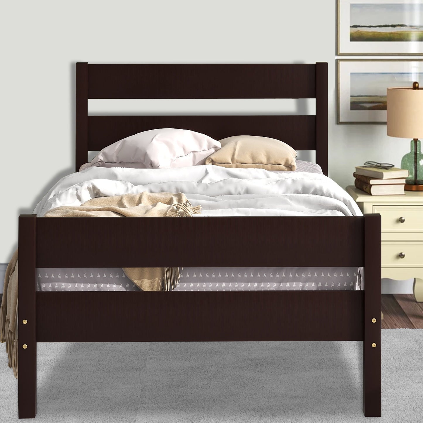 Sesslife Twin Bed Frames for Kids Teens, Wood Platform Bed Frame with Headboard and Footboard / Mattress Foundation / Support Slats, Bedroom Furniture Twin Size Bed Box Spring Needed, Espresso