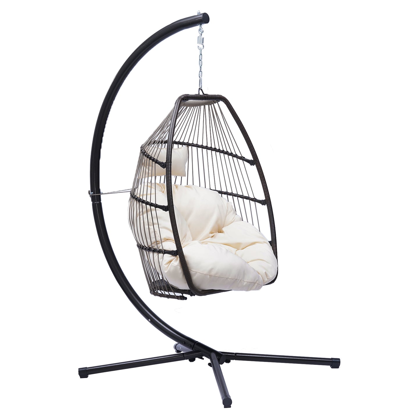 Swing Egg Chair with Stand, Sesslife Wicker Rattan Patio Basket Hanging Chair with Seat Cushion & Pillow, Steel Frame, Folding Swing Chair with 250lbs Capacity for Bedroom Balcony Patio, White, X3297