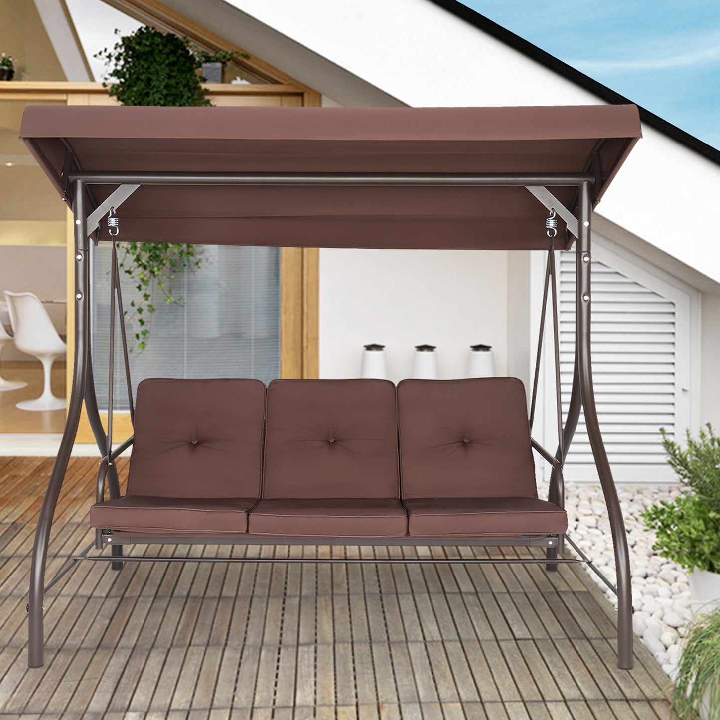 Patio Swings with Canopy, 3-Seater Outdoor Canopy Swing for Adults, Canopy Swing Glider for Porch Garden Poolside Backyard, Brown