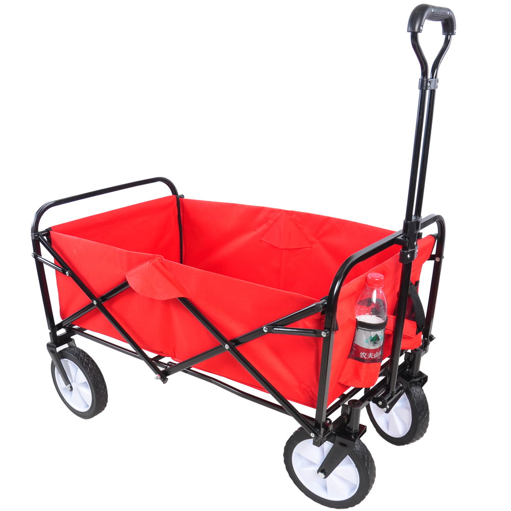 Wagon Carts, SESSLIFE Fold Wagon with Wheels and Height Adjustable Handle, Cup Holders, Collapsible Steel Utility Garden Wagon w/150 LBS Capacity for Beach Camping Garden, Red