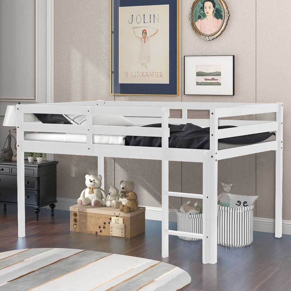 Low Loft Beds, SESSLIFE Twin Loft Bed with Ladder and Safety Guard Rails, Wood Twin Bed Frame No Box Spring Needed for Boys Girls, Kids Bedroom Furniture, Easy Assembly & Space Saving, White, X2039