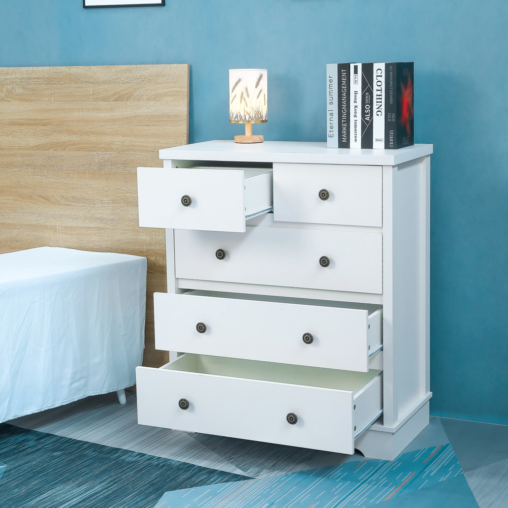 Sesslife Wood Bedroom Dresser with Storage, 5 Drawer Dresser for Bedroom Living Room Office, Modern Tall Chest of Drawers, Storage Cabinet 31.5"L x 15.75"W x 37.2"H, White