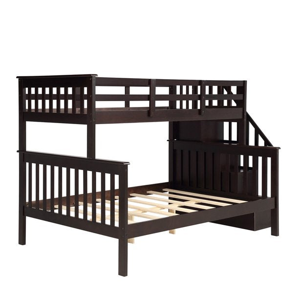 Wood Twin Over Full Bunk Bed for Kids, SESSLIFE Bunk Bed with Stairs and Storage Shelves, Bed Frame with Safety Guardrails & Slats Support, No Box Spring Needed, Gray, X2130