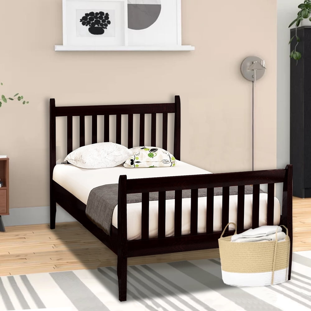 Wood Bed Frames Twin, Sesslife Platform Bed Frame No Box Spring Needed, Twin Size Bed with Slatted Headboard and Footboard for Kids Teens Room Dorm, Modern Bedroom Furniture, Espresso